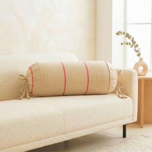 Image of SAJAVAT HOME 100% Cotton Striped Bolster Cover Pack of 2 15x30 | Textured Round Side Pillow Covers for Sofa, Bed & Diwan | Soft Breathable Bolster Pillow Covers | Beige with Red Pinstripe