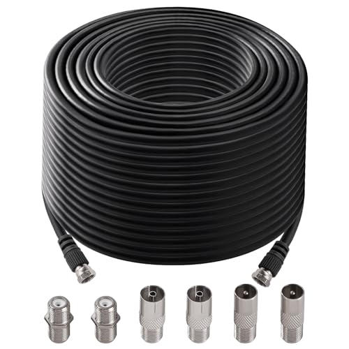 Image of KUOQIY 20m 75 Ohm RG6 Coaxial Cable, F Male to F Male High Speed RG6 TV Aerial Cable, with 6 PCS Extension Couplers, for TV, Satellite, Digital Router, Black