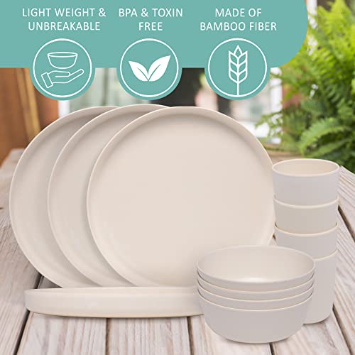 Stephan Roberts Bamboo Dinnerware Set, Eco-Friendly Bamboo Fiber Dinnerware, Dishes Set For 4, Includes Plates, Bowls & Cups, Reusable Unbreakable Dishware Set, White, 12Pc Dinner Set #TOP4