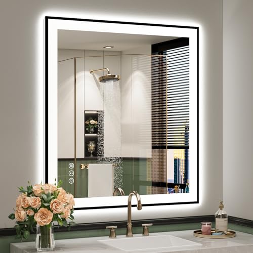Image of 32x36 Inch Black Framed LED Bathroom Mirror