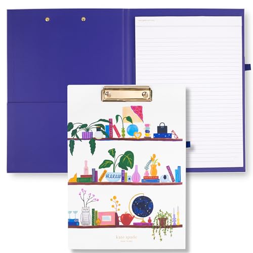 Image of kate spade new york A4 Clipboard Folio with Low Profile Clip, Professional Padfolio Includes Lined Notepad, Pen Loop, and Pocket, Charmed Library