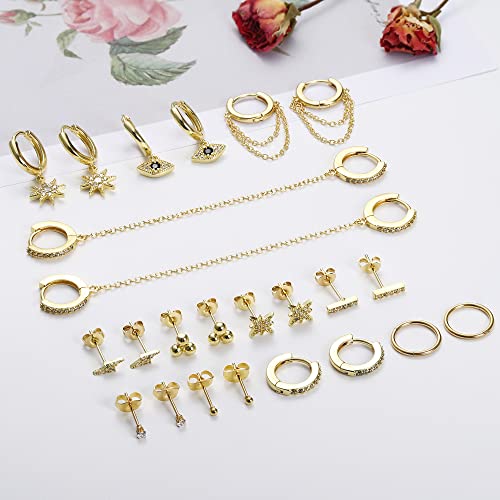 Ironbox 12Pairs 14K Gold Plated Huggie Hoop Studs Earrings Set For Women Small Dainty Minimalist Chain Earrings Cartilage Cz Ball Earrings Sets For Multiple Piercing #TOP1