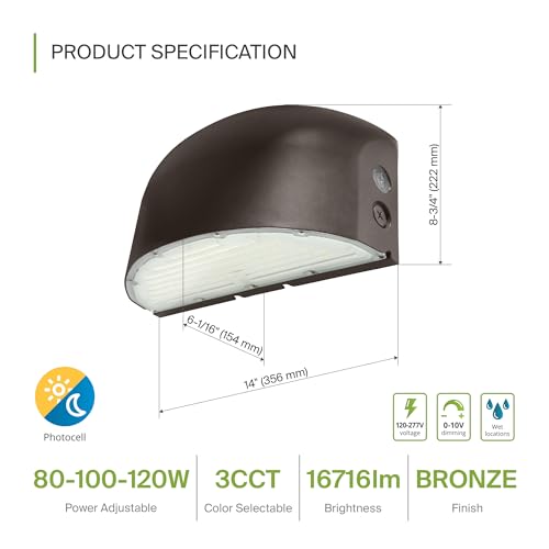 ASD 80/100/120W LED Wall Pack Light Round with Dusk to Dawn Photocell, 16716LM 3000/4000/5000K 120-277V Security Flood Lighting 14 Inch, 0-10V Dimmable Wall Lights for Outdoor, UL DLC Premium, Bronze by ASD - Image 2