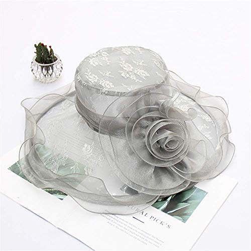 MGE Sombreros de Sun de Las Mujeres Organza, Boda Plegable Ajustable de 12 cm Nupcial Desmontable Flor Ancha Casquillo del Verano Derby de Kentucky Tea Party Brim (Color : Gray)
