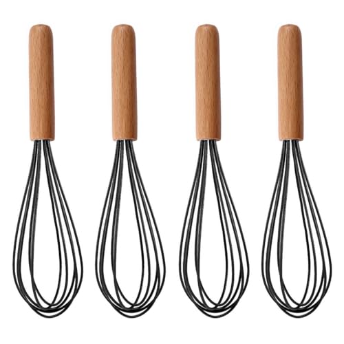 Ousyaah Silicone Whisk (4-Pack), Wooden Handle Manual Kitchen Whisks for Cooking, Classic Balloon Egg Beater Whisks, Suitable for Blending, Whisking, Beating, Frothing and Stirring (Black)