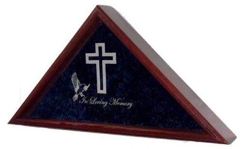 Flag Display Case w/ Cross, Dove & in Loving Memory - for 5x9.5 Burial / Coffin / Casket Flag - Cherry Stain - Includes 2 Lines of Personalized Text