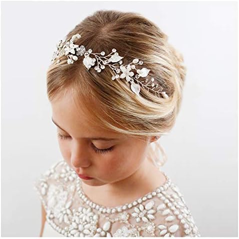 SWEETV Flower Girl Headpiece Silver Princess Wedding Headband -Baby Girls Flower Pearl Hair Accessories for Birthday Party, Photography