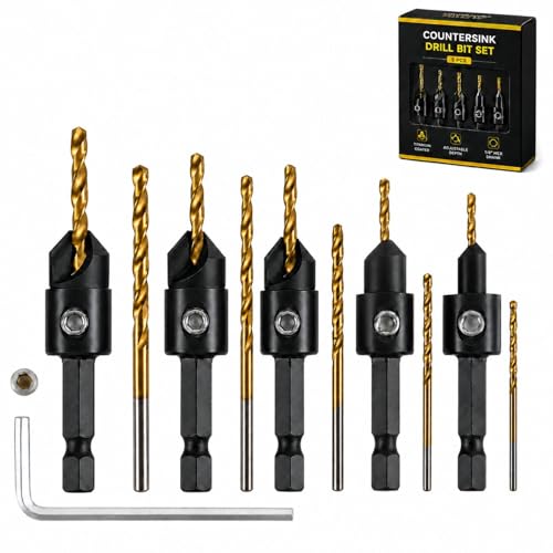 Image of Pnrskter Countersink Drill Bit Set for Wood, Adjustable Countersink Drill Bit, #4, #6, #8, #10, #12, 12 PCS Quick Change Hex Shank Bits with Spare Bits, Allen Key & Storage Box