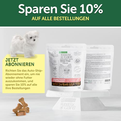 Nature's Protection Superior Care White Dogs Getreidefrei Gesundes Wachstum & Entwicklung Leckerlis mit Insekten für Junior Hunde Aller Rassen, Tränenflecken Reduktion, 150g