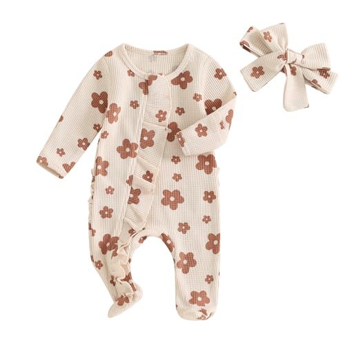 Ayalinggo Newborn Baby Girl Fall Winter Outfits Clothes Knit Jumpsuit Ruffle Romper Onesie Coming Home Outfit for Baby Girl (Newborn,Flower Knit Cream)