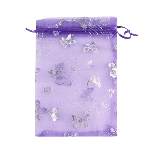 QIANHAILIZZ 100 bolsas de organza de 12,7 x 17,8 cm para regalo de joyería, bolsa de caramelos, bolsa de regalo de boda, SDHD211301810X (morado con mariposa plateada)