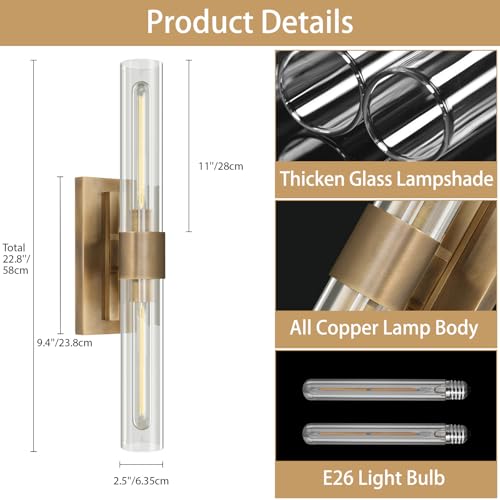 Image of YUYI Brass Wall Sconces Set of Two, 22.8'' Gold Bathroom Sconces Wall Decor with Clear Glass Shade, Indoor Vanity Wall Lights for Bathroom Living Room Bedroom Hallway Fireplace Staircase