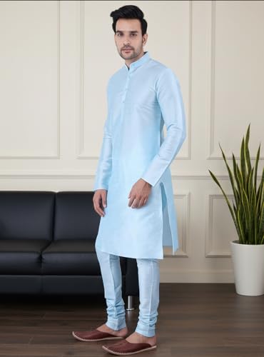Image of SadreeMen's Silk Blend|Classic|Occassion|Ethinic|Full Sleeve|Mandirn Collor|Knee Length|Solid Colour|Light Weight|Comfort|Regular Fit Kurta Pyjama Set
