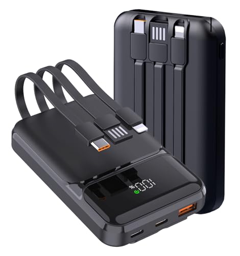 Batería externa de carga rápida de 22,5 W con 10000 mAh y cables integrados, salida USB-C, cargador portátil compatible con iPhone, Samsung, Xiaomi, iPad, tabletas y más (negro)