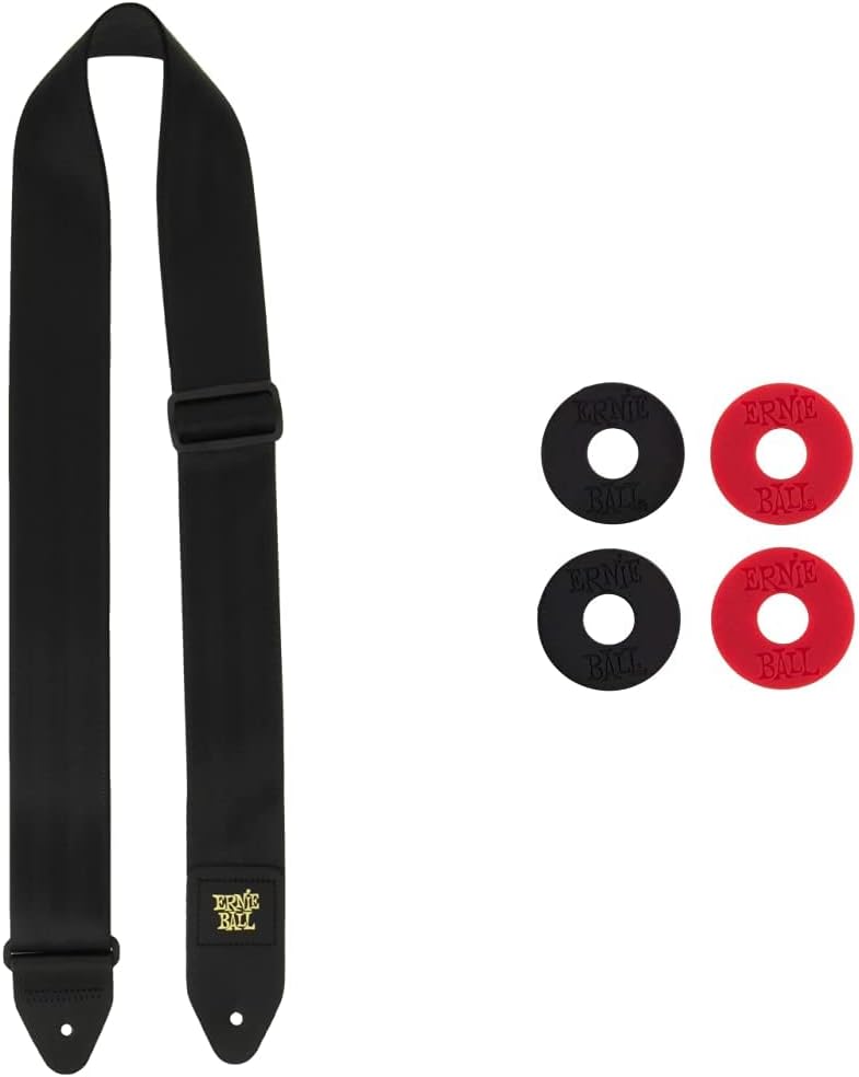 Ernie Ball Seatbelt Webbing Guitar Strap, Black (P04139) & Strap Blocks, Rubber (P04603)