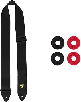 Ernie Ball Seatbelt Webbing Guitar Strap, Black P04139 & Strap Blocks, Rubber P04603