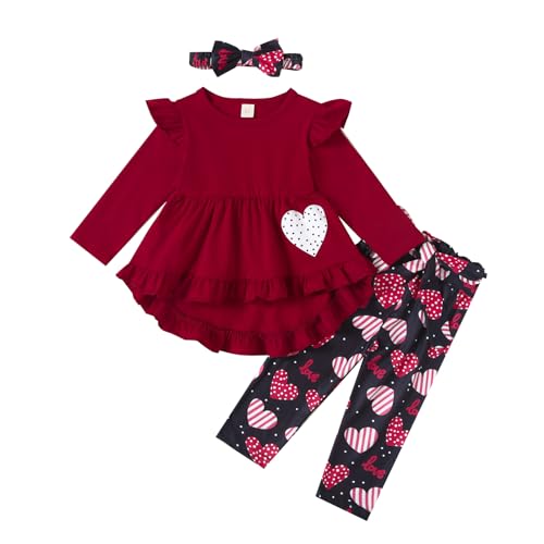 Noubeau Toddler Baby Girl 4th of July Clothes Ruffle Sleeve Boho Shirt Dress Star Stripe Pants Set 3 Pieces Summer Outfits, Heart B, 3-4 Jahre