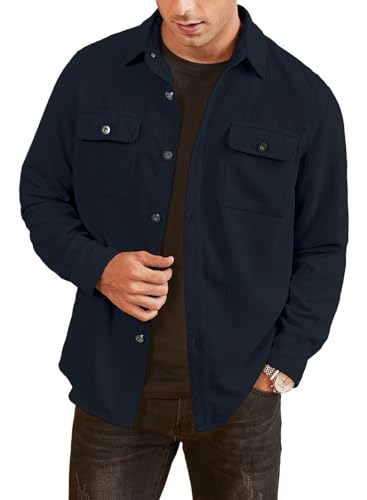 Elegancity Mens Corduroy Shirts Long Sleeve Button Down Shacket Casual Overshirts Coats Trucker Autumn Winter with Pockets (Navy Blue, M)