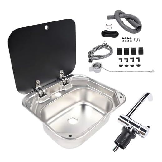 Kitchen RV Sink with Folding Faucet and Lid, 17-In Bar Boat Drop-in Sink Stainless Steel Hand Wash Basin Sink Single Bowl Kitchen Sink, Caravan Van Camper Sink w/Cover & Faucet Strainer Full Set