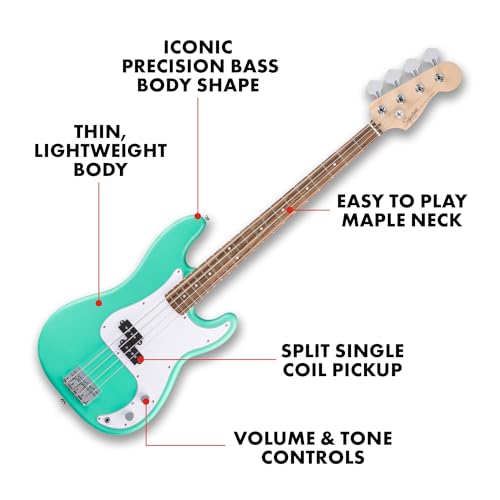 Image of Fender Squier Debut Series Precision Bass Guitar, Beginner Guitar, 2-Year Warranty, Includes Free Lessons, Sea Foam Green with Satin Urethane Finish