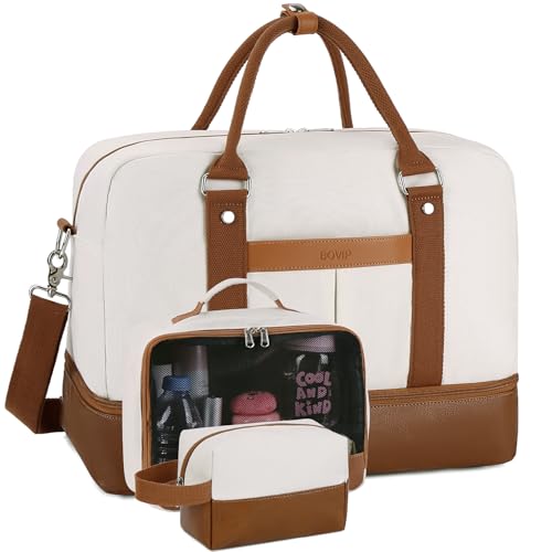 Bolsas femininas BOVIP de fim de semana, bolsa de viagem grande de lona com compartimento para sapatos, bolsa de mão, conjunto de 3 peças