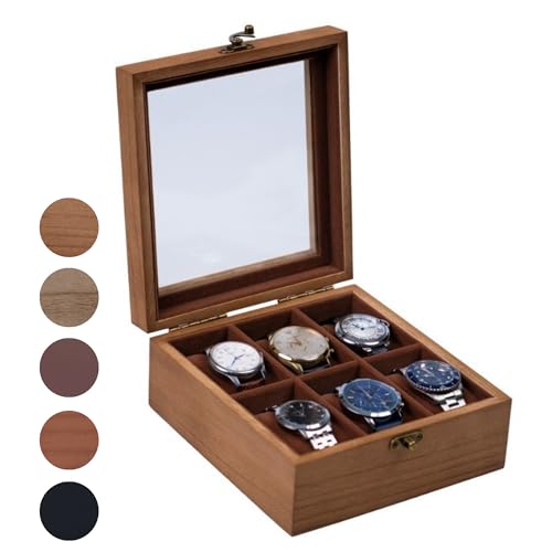 Image of Watch Box, Watch Case for Men Women with Large Glass Lid, Wooden Watch Display Storage Box with 6 - Slots, Retro Burlywood 6x2 Mens Watch Box Organizer