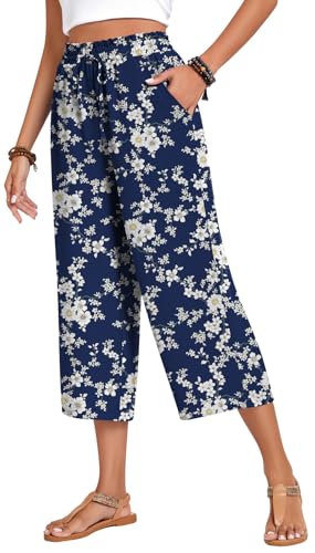 Image of Anyhold Women's Capri Pants Drawstring Casual Palazzo Trousers with Pockets Loose High Waisted Wide Leg Lounge Pants