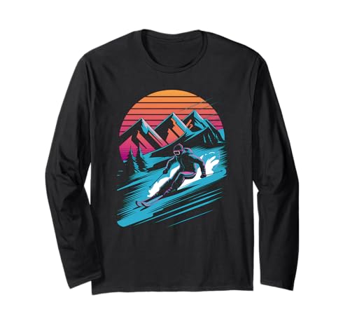 Sunset Ski Mountains, maglietta da sci retrò, idea regalo invernale Maglia a Manica