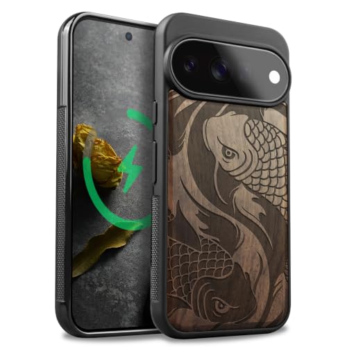 Étui Pixel 11 Pro en bois de noyer Carveit avec motif poisson koï Magsafe