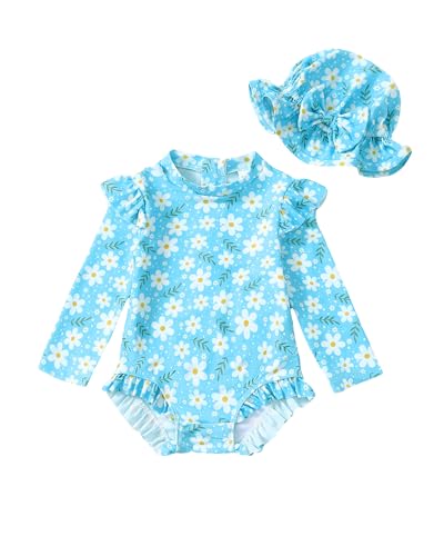 Image of SUNNY PIGGY Baby Girl Swimsuit Toddler Long Sleeve One Piece Back Zipper Floral Print Ruffled Swimwear Bathing Suit Guard Rash with Hat Wear Blue