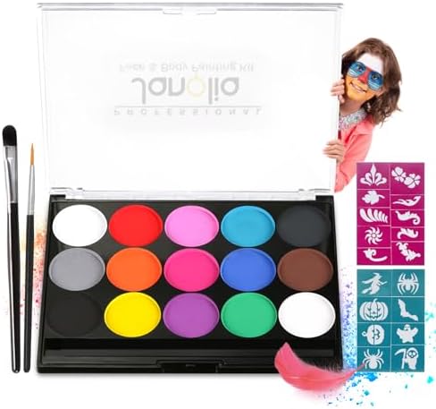 Janolia Gesichtsfarbe, Body Painting Kinderschminke Set mit 15 Farben, Halloween Gesichtsbemalung Professionelle Palette mit Bürste, Waschbar, Perfekt Körperbemalung für Halloween