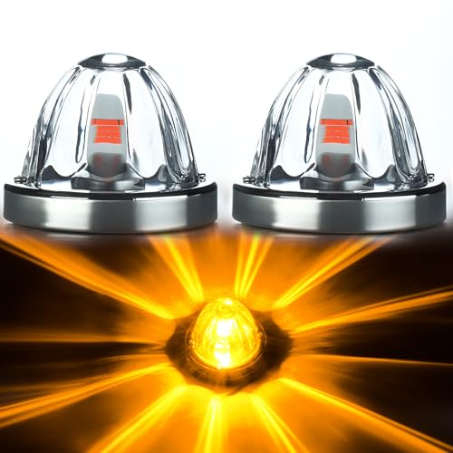 2Pcs Clear Lens Amber LED Watermelon Lights Glass Side Marker Turn Signal Lights with Stainless Steel Bezel 12V IP67 Amber Starburst Clearance Marker Lights for Peterbilt Kenworth Semi Trucks