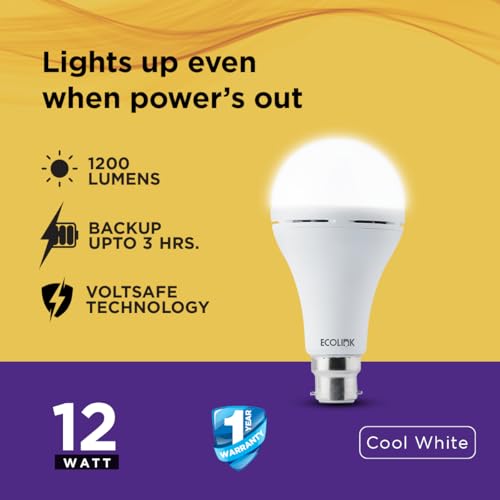 Image of EcoLink 12-Watt Emergency LED Bulb | Emergency Inverter LED Bulb For Home | Bulb Base : B22, Colour : Cool Day Light, Pack of 2