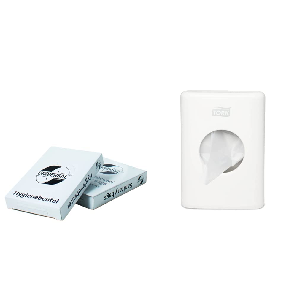 Hygienebeutel Deiss Universal, weiß, 25x30bags (750 Stück) & Tork Distributeur de sachets pour serviettes hygiéniques blanc B5, Elevation, 1 pièce, 14 x 3.6 x 10 cm, 566000
