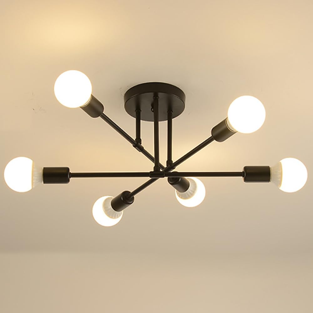 Vintage Metal Ceiling Light with E27 Lampholder, Industrial Chandelier Ceiling Lighting Fixture with 6 Arms, Black Semi-Flush Ceiling Lamp for Bedroom, Living Room, Dining Room, Kitchen