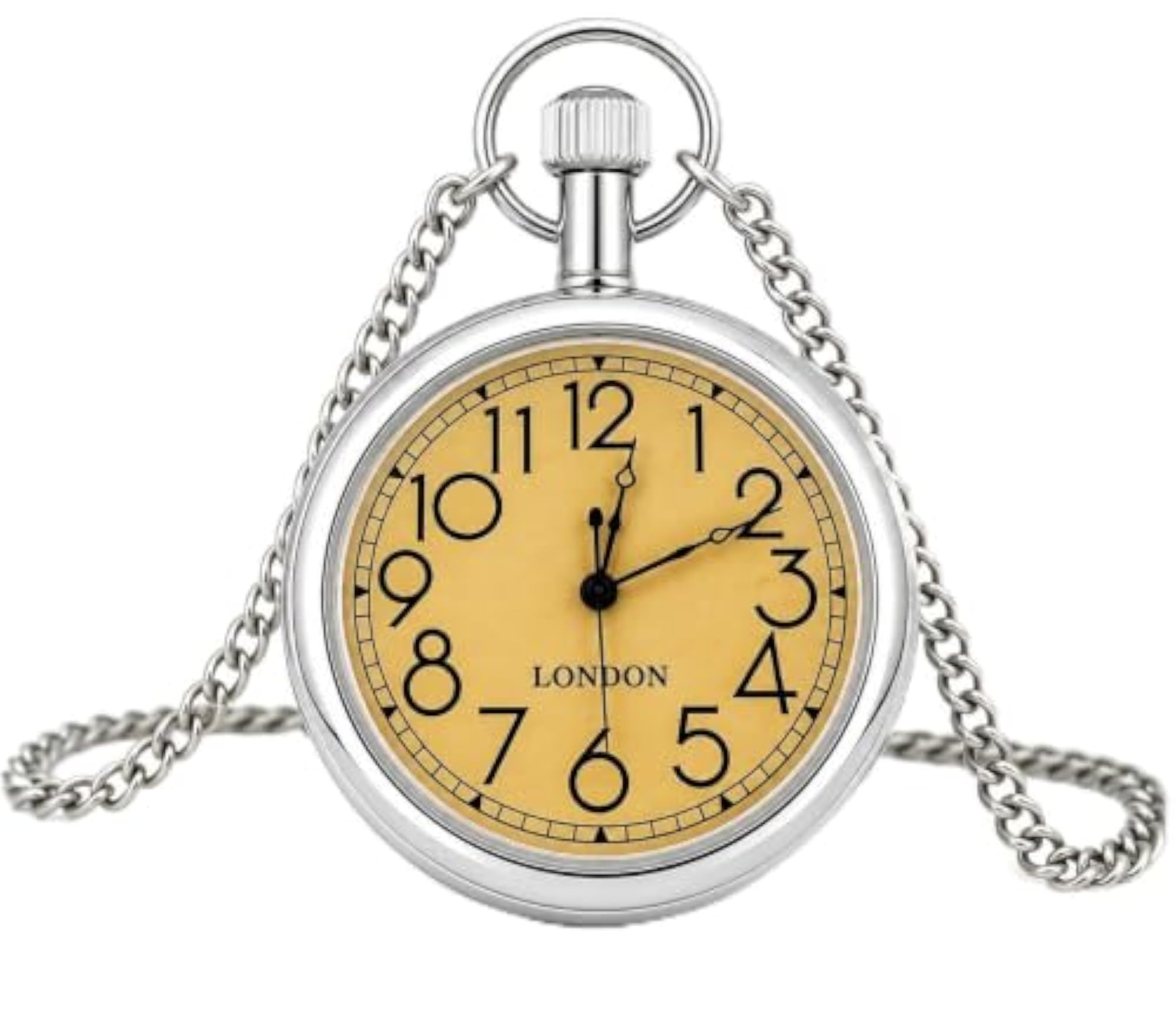 Silver Pocket Watch with Golden London Dial and Chain