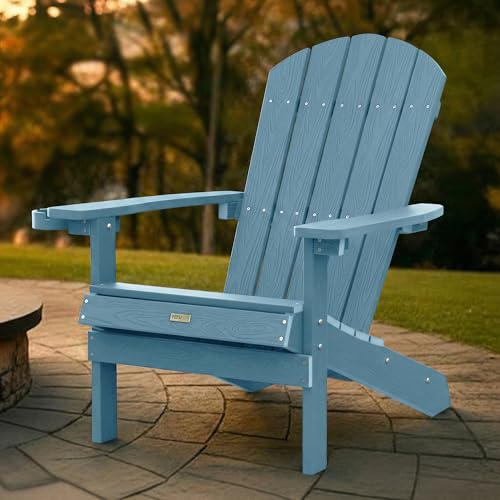 YEFU Adirondack Chair Weather Resistant: Outdoor Chair HIPS Plastic Adirondack Chairs - Patio Chairs with Cup Holder & Wood Texture - Lawn Fire Pit Deck Porch Garden Chairs for Adults (Blue)