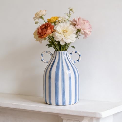 Image of Blue and White Ceramic Vase with Handle, Nordic Boho Small Vases Side Table Flower Centerpiece, Wide Mouth Single Flower Vase Pampas Grass Decorative - for Home Window Sill Living Dining Room Kitchen