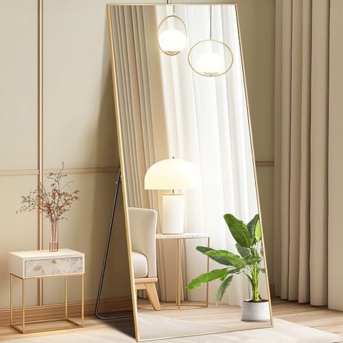 HAPPYMONT 68"x26" Full Length Mirror, Full Body Mirror with Leaning or Standing, Floor Standing Aluminum Frame for Bedroom, Livingroom, Cloakroom, Gold