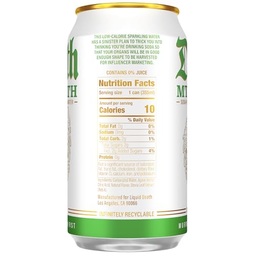 Image of Liquid Death Soda-Flavored Sparkling Water - Mt. Death, Less Sugar*, Huge Flavor, No Caffeine, No Artificial Sweeteners, 12 Fl Oz (Pack of 12)