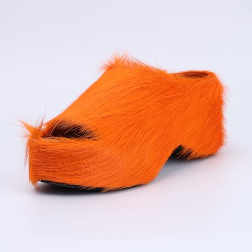 Image of XOBZJH Long-Hair Calfskin Chunky Clog Slide for Women - Memory Foam Luxury Slip on Shoes Women's Mules & Platform Clogs,Designer Mules for Women 2025