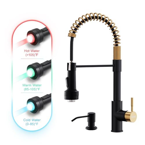 Image of GIMILI Black and Gold Kitchen Faucet with Soap Dispenser Single Hole Pull Down Sprayer LED Faucet, Suitable for Farmhouses, RV, Laundry Room, Outdoor, and Campers. Llave para fregadero de cocina