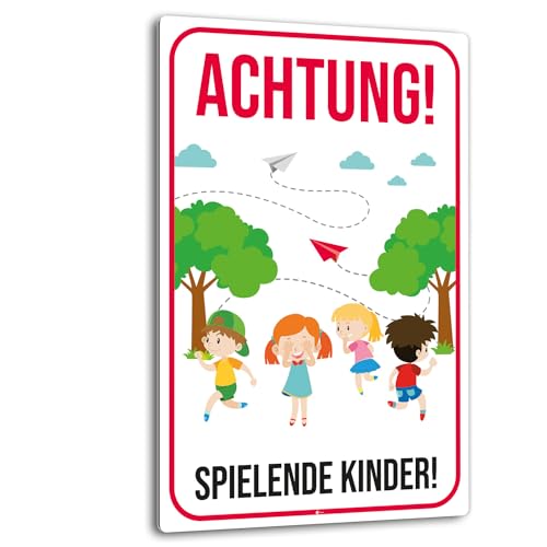 XXL Warnschild I Achtung Spielende-Kinder I Aluverbund-Schild I Spielplatz I 40 x 60 cm groß I 3 mm Stark I mit UV Schutz-Laminat I Wetterfestes Hinweisschild I hin396
