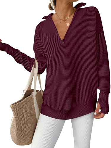 ANRABESS Womens Long Sleeve Quarter Zip Pullover Sweater Casual Loose V Neck Collared Ribbed Knit Jumper Tops Thumb Hole Wine Red Medium