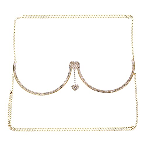 MAOAEAD Soporte de pecho brillante para mujer, cadena de cuerpo de doble corazón, cadena de sujetador sexy, diamantes de imitación, soporte de pecho, bikini para fiesta (dorado) Cover