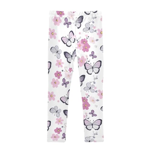 Wusikd Butterflies Flowers Girls' Leggings Toddler Doodles Pink Purple Kids Yoga Pants Dance Active Tights 4T2