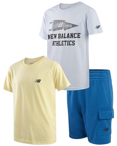 Image of New Balance Boys Shorts Set - 3 Piece Short Sleeve Crewneck Graphic Tees and Athletic Performance Shorts for Boys (8-12)