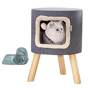 ZIMGOD Cama Gato Casa Redonda para Mascotas con Manta para Gatos, Cama para Gatito Gris – Incluyendo Patas de Madera y Bola Colgante, Uso como Otomana/Reposapiés/Mesa Auxiliar, Carga 85 Kg