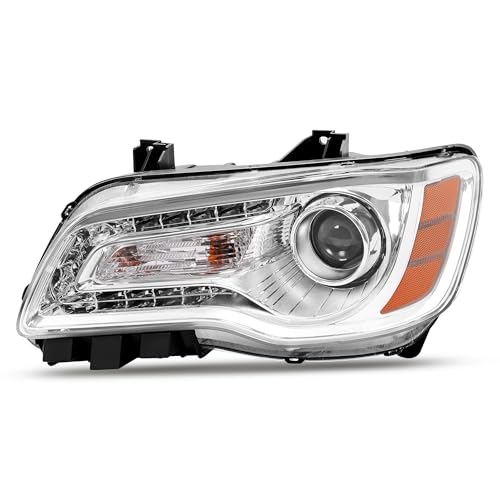 KUAFU Halogen Headlight Assembly Compatible with 2011-2023 Chrysler 300 DRL Chrome Housing & Amber Reflector Left Driver Side (Bulbs Are Included) Replacement for CH2502231