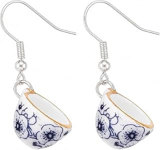 Ceramic Cup Dangle Earrings, Blue And White Porcelain Chinese Earrings